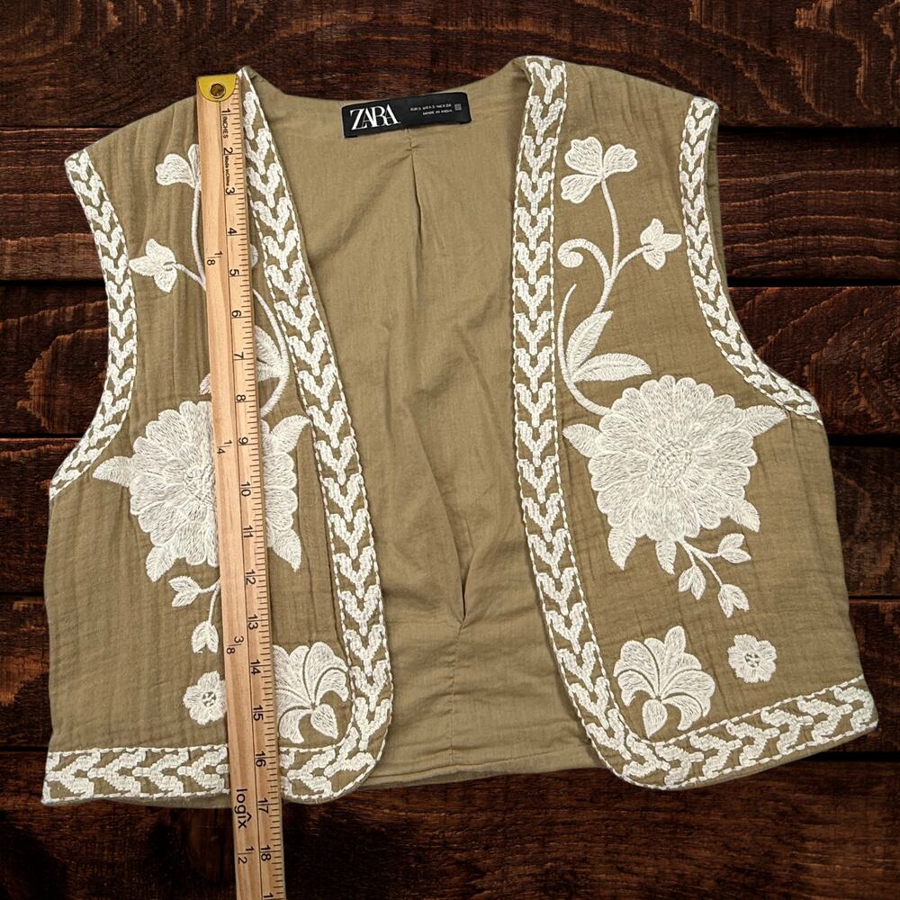Zara Embroidered Floral Cotton Open Front Vest Boho Khaki White Small - Picture 8 of 9